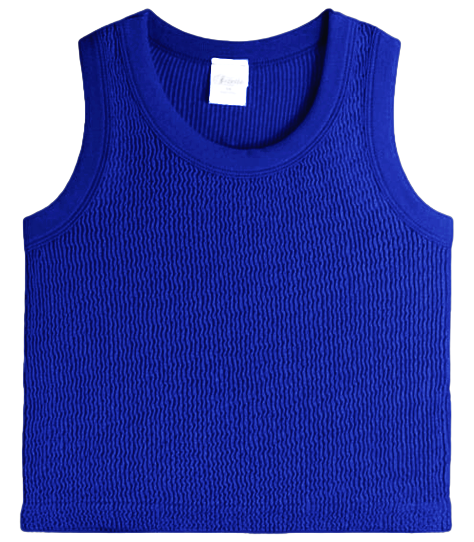Royal blue Suzette smocked tank top featuring a fitted, sleeveless design with elasticized smocking at the bodice.
