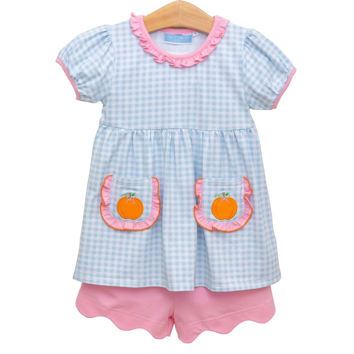Blue Gingham Pumpkin Ruffle Short Set
