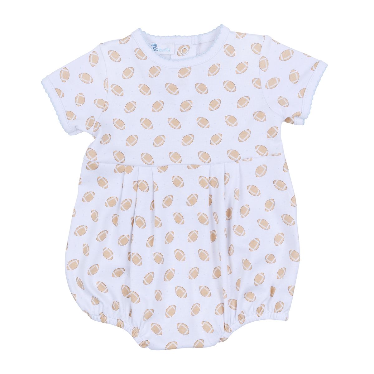 Light blue printed short-sleeve bubble romper for baby girls by Magnolia Baby, featuring playful patterns and comfortable fabric