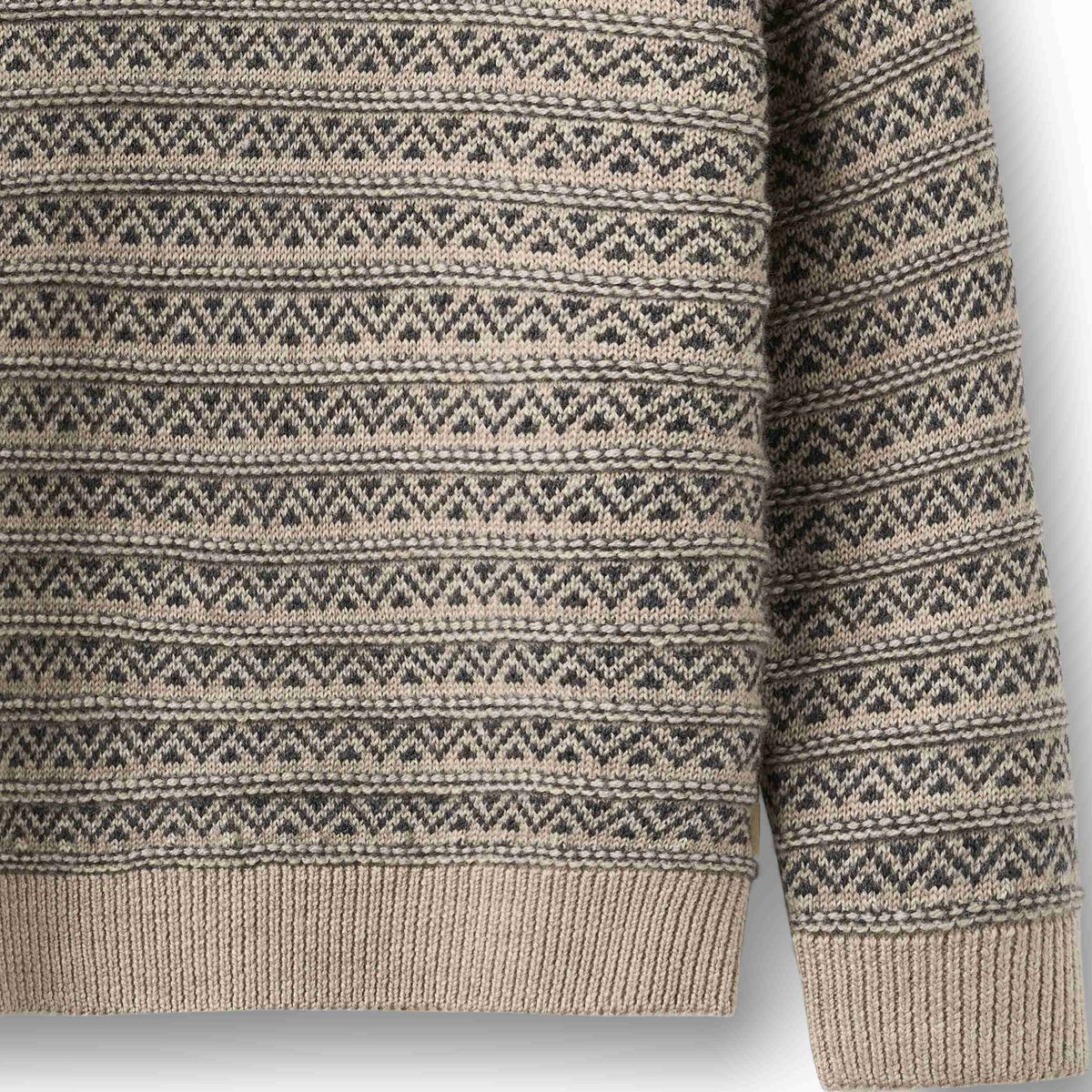 Wheat Warm Sand Melange Jens Jacquard Pullover featuring a textured knit pattern and ribbed cuffs, displayed on a hanger.