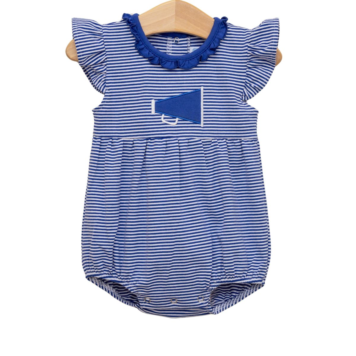 Royal and white stripe ruffle megaphone bubble bag by Trotter Street, featuring ruffled edges and bold stripe pattern.