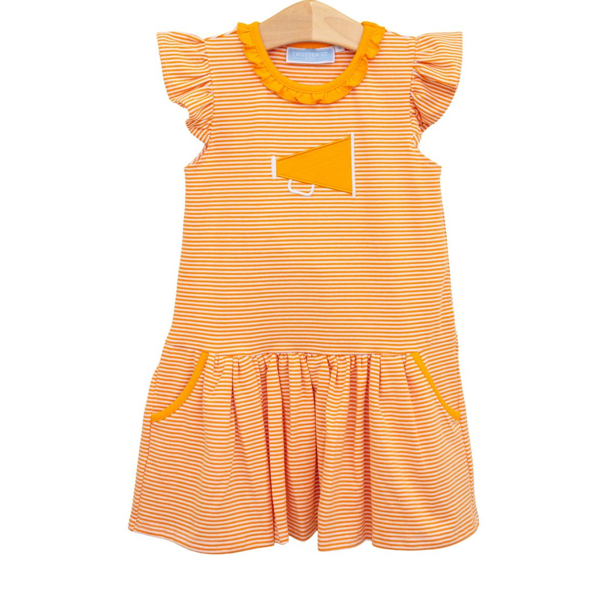 Orange and white stripe megaphone applique dress by Trotter Street, featuring a playful striped pattern and decorative applique details.