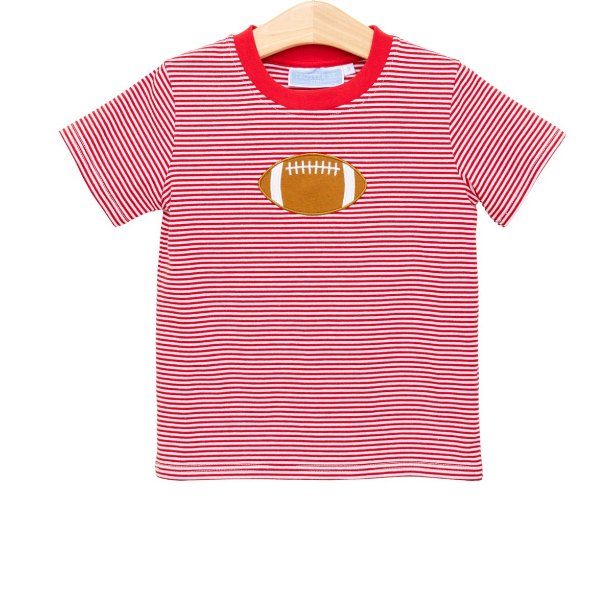 Red and white striped football applique T-shirt by Trotter Street, featuring a sporty design and casual fit.