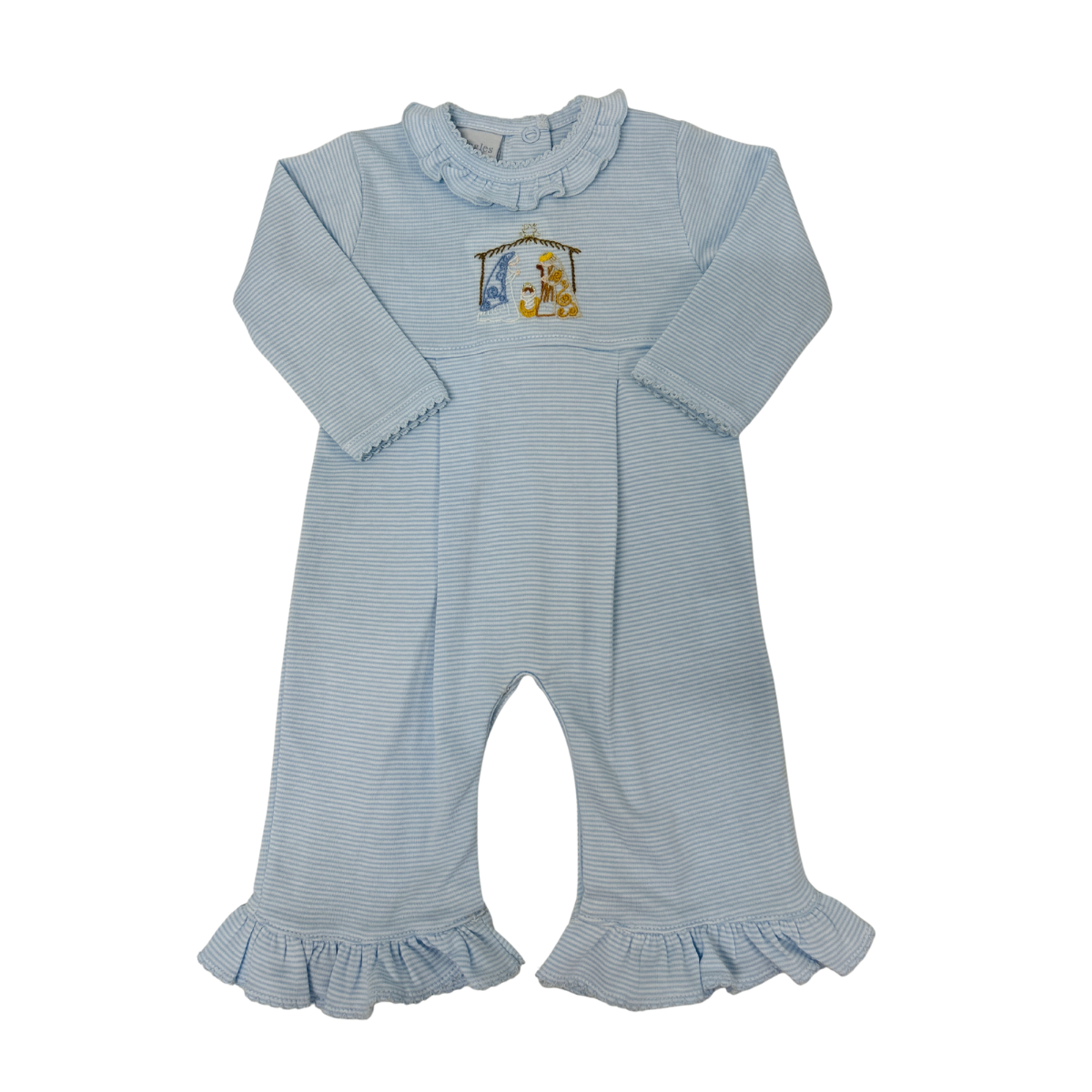 Squiggles - Blue Stripe Silent Night Coverall w/ Ruffle Neck