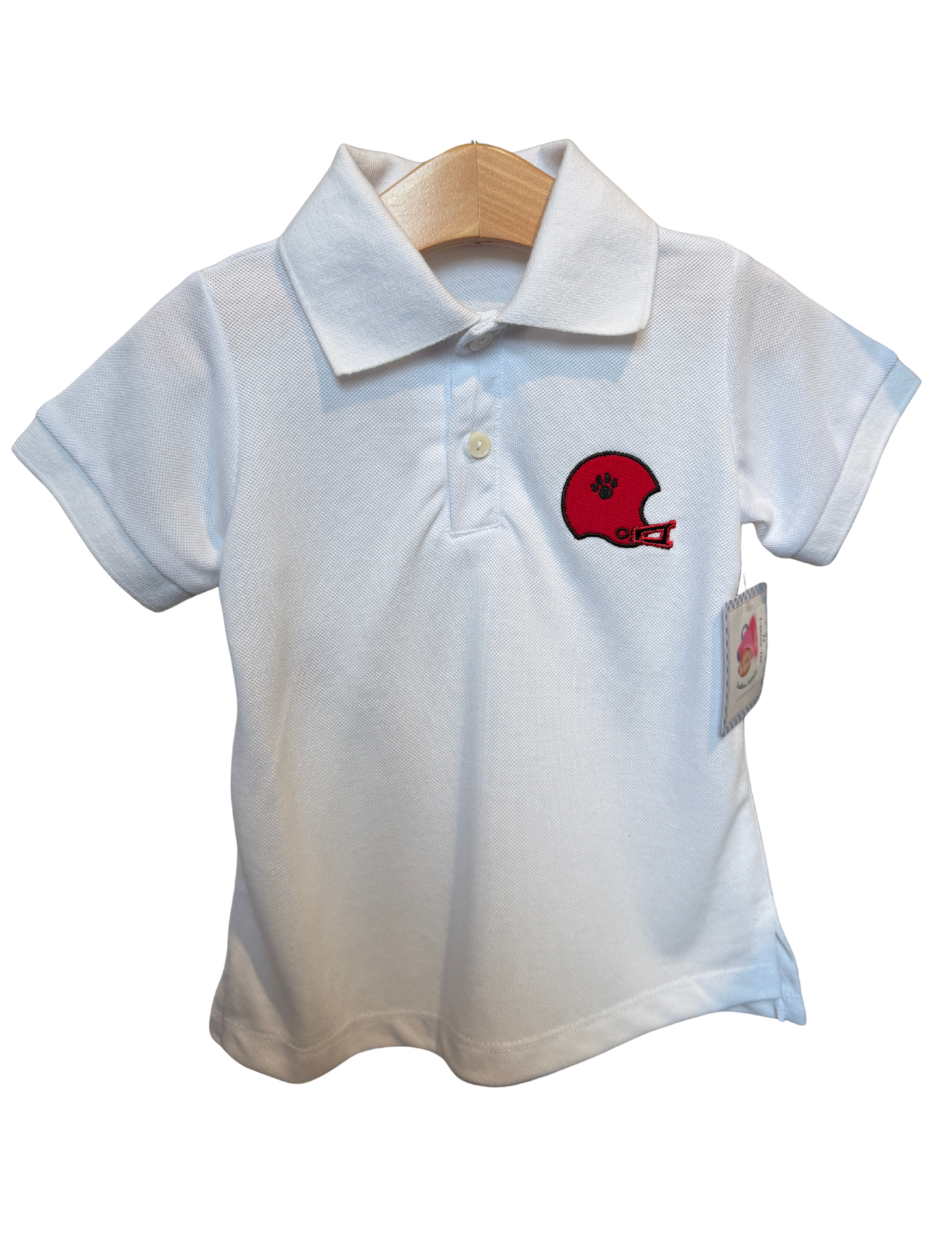 White polo shirt by Remember Nguyen featuring a bulldog helmet graphic on the front.