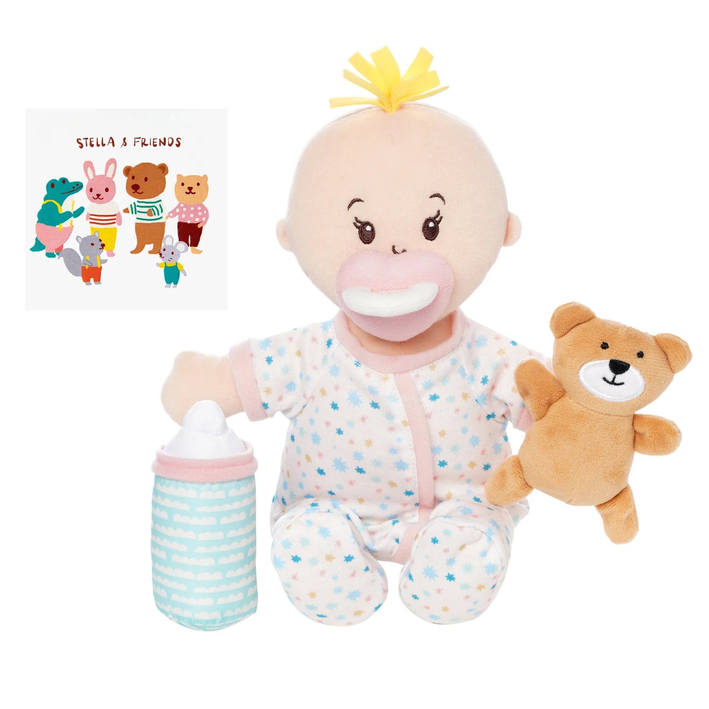 Manhattan Toy Love Stella Sleepy Time Set Peach doll with blonde tuft, soft plush toy for children, detailed and cuddly.