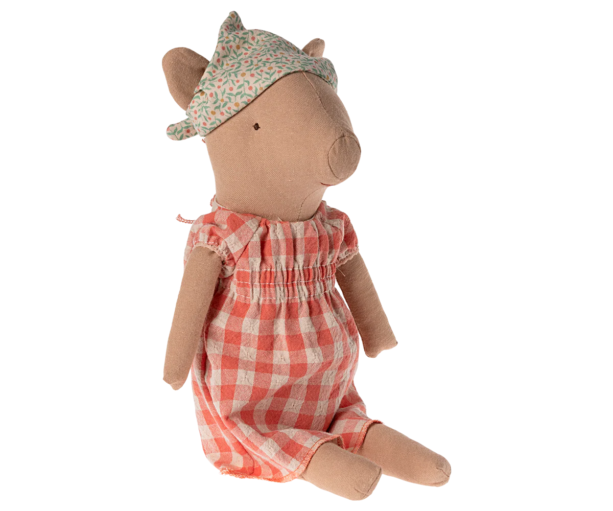 Maileg Girl Pig plush toy with soft pink fabric and detailed features, perfect for children's play and cuddling.
