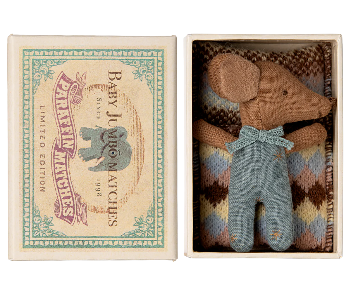 Maileg - Blue Sleepy Wakey Baby Mouse in Matchbox