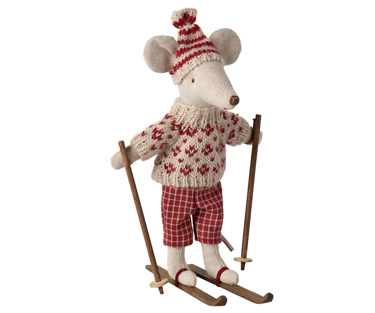 Maileg Winter mouse with ski set in red, dressed for cold weather, perfect for holiday or winter-themed play.
