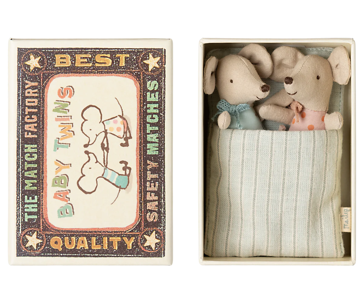 Maileg Twins Baby Mice in a matchbox toy set, featuring adorable miniature mice inside a decorative matchbox.