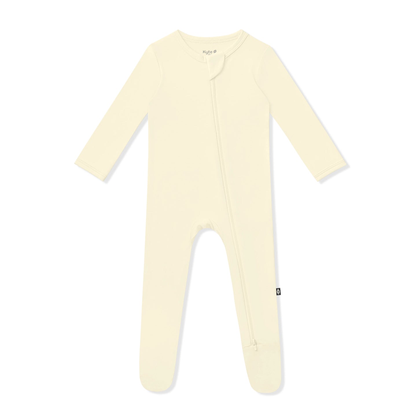 Kyte Baby zippered footie in chamomile, soft baby onesie with zipper closure, made from cozy, gentle fabric for infants.