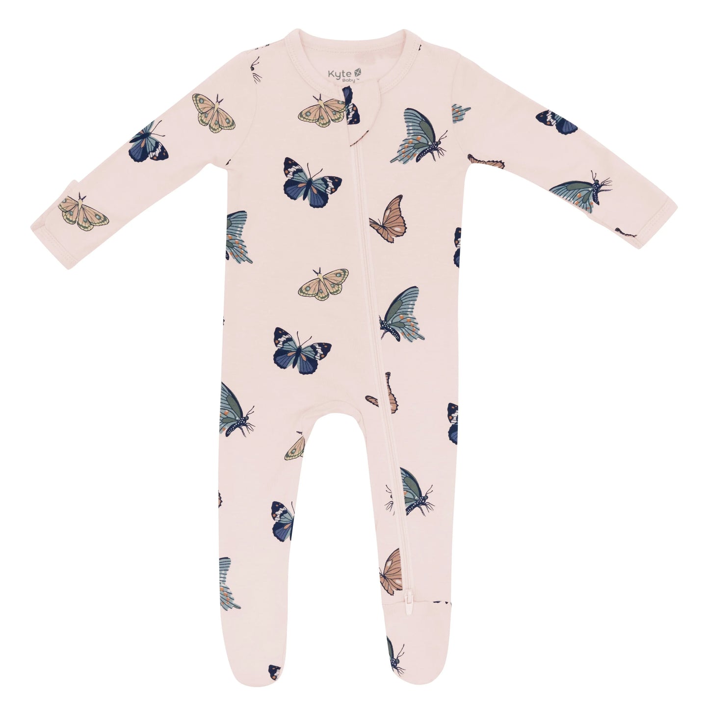 Kyte Baby blush butterfly zippered footie pajamas for infants with a soft, cozy design and front zipper for easy dressing.