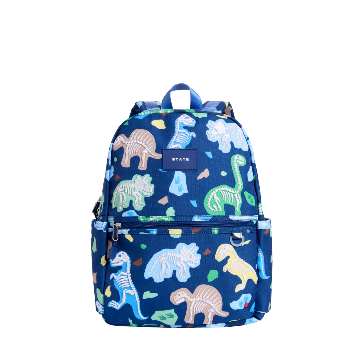 Dino Fossils Kane Backpack by State Bags featuring a colorful dinosaur fossil design and adjustable shoulder straps.