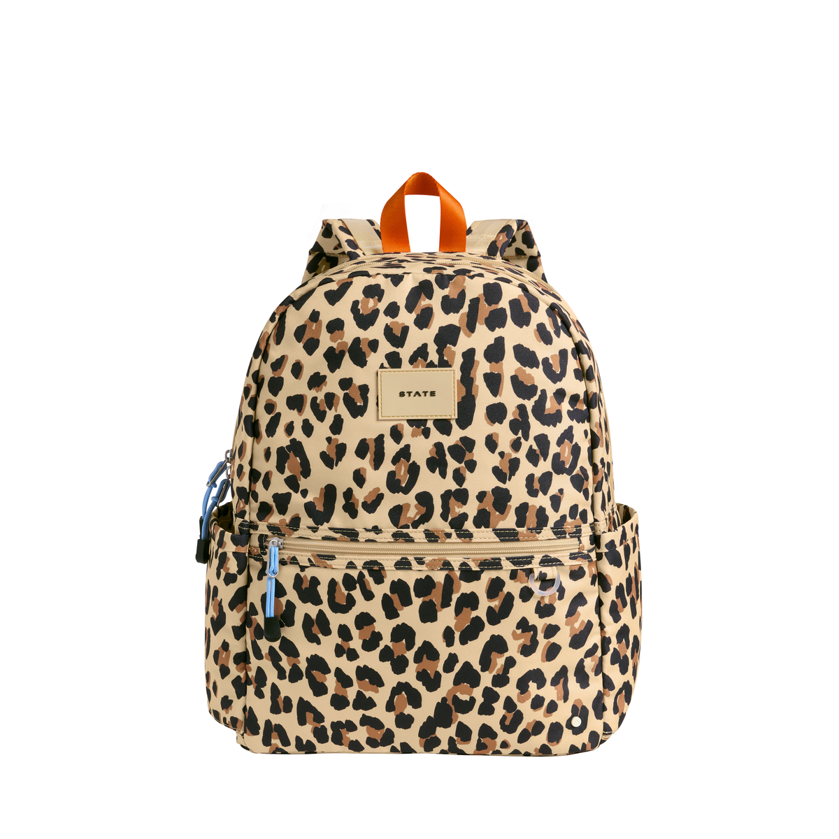 Leopard Kane Dubble Pocket Backpack by State Bags showing a stylish leopard print design with dual front pockets.