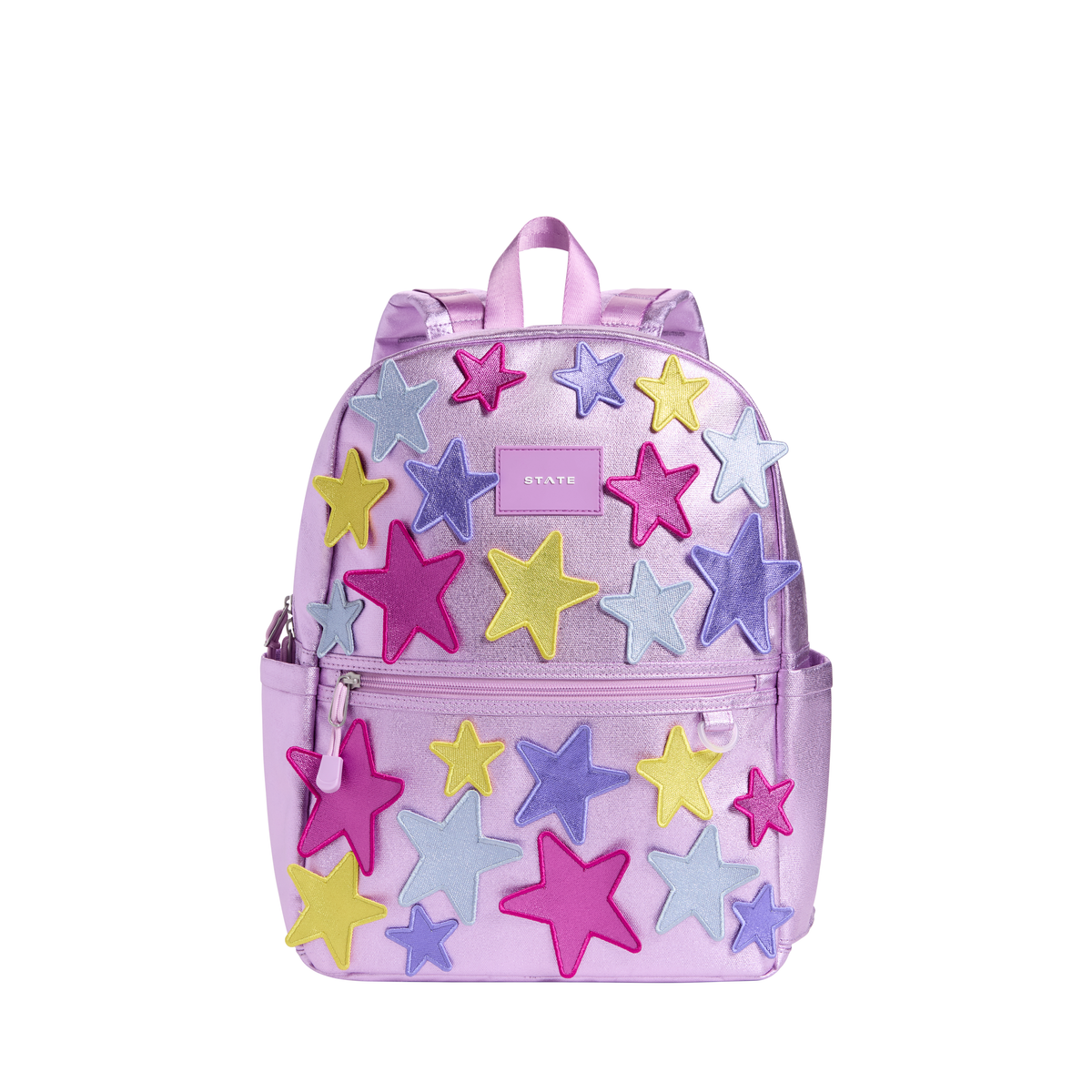 State Bags 3D Stars Kane Backpack showing navy blue fabric with colorful star patterns and adjustable shoulder straps.