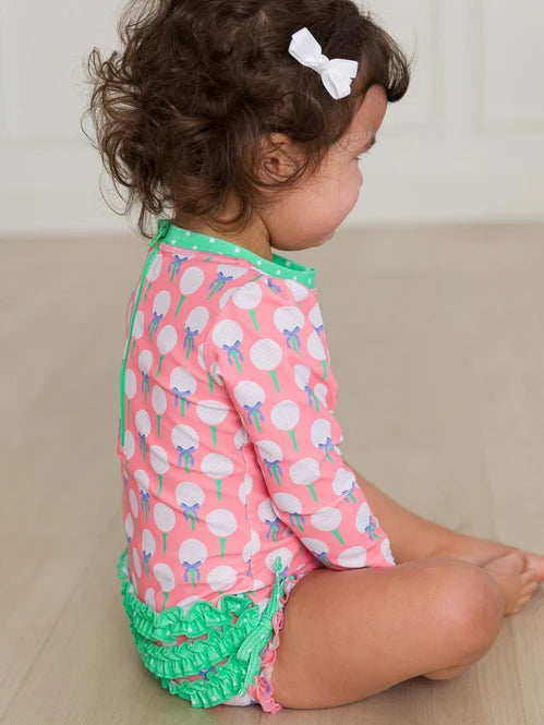 Ruffle Butts - Pink Tee Time Long Sleeve One Piece Rash Guard Swimsuit