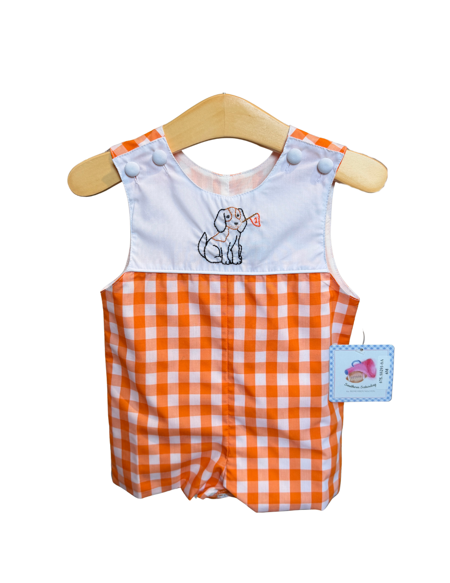 Orange and white gingham Smokey shortall by Remember Nguyen, featuring adjustable straps and a casual, stylish design.