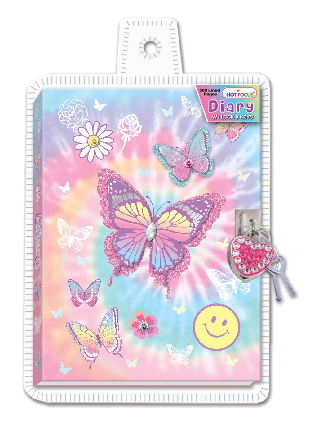 Colorful tie dye butterfly diary with lock and key, featuring vibrant cover design from Hot Focus.
