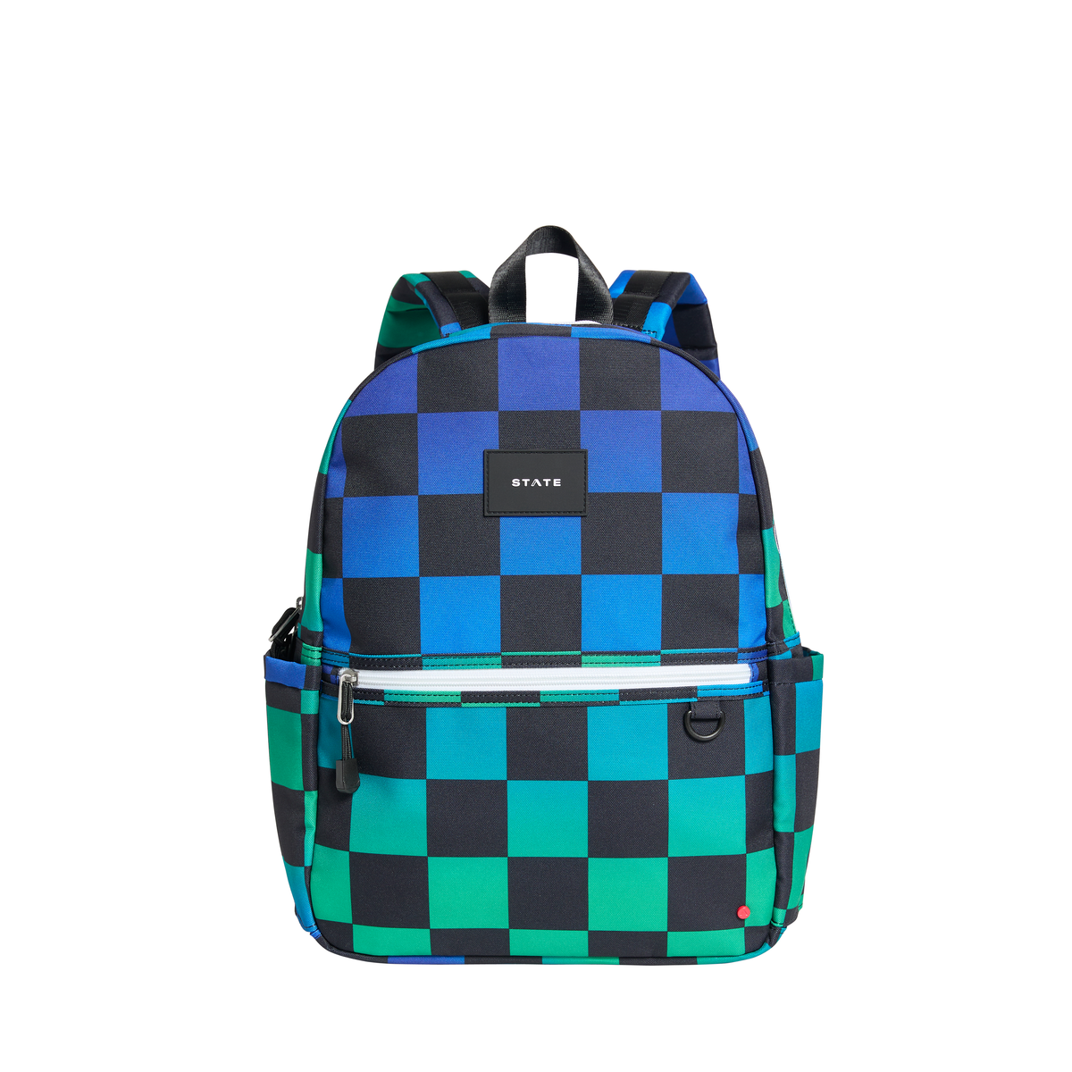 Blue checkerboard Kane backpack by State Bags featuring adjustable straps and multiple compartments.
