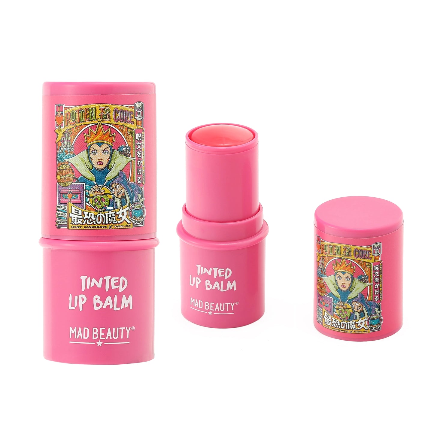Evil Queen tinted lip balm from Mad Beauty Wicked Villains collection, featuring dark purple packaging and a twist-up design