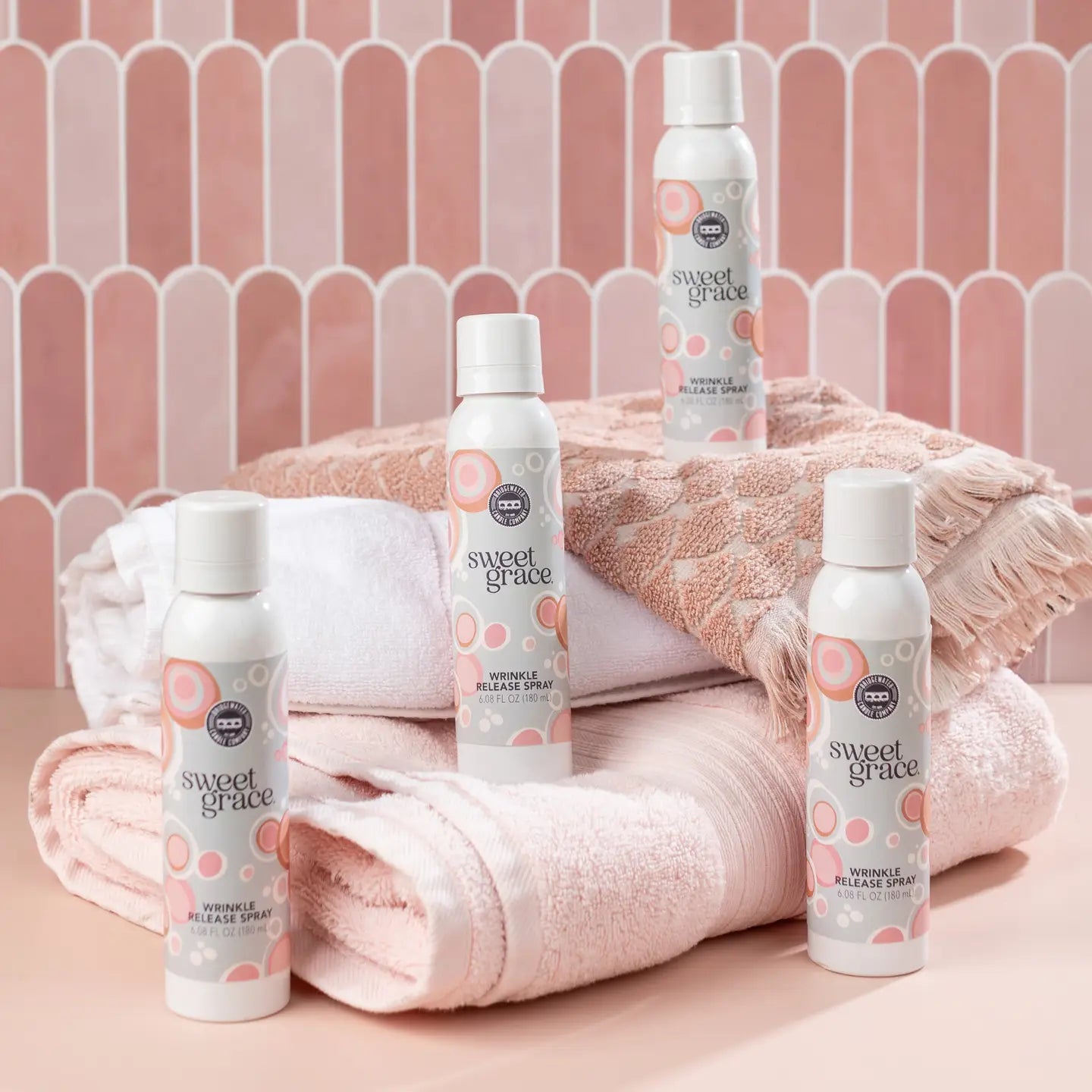 Bridgewater Candle Company Sweet Grace Wrinkle Release Spray bottle with white label and spray nozzle, designed to freshen fabrics.