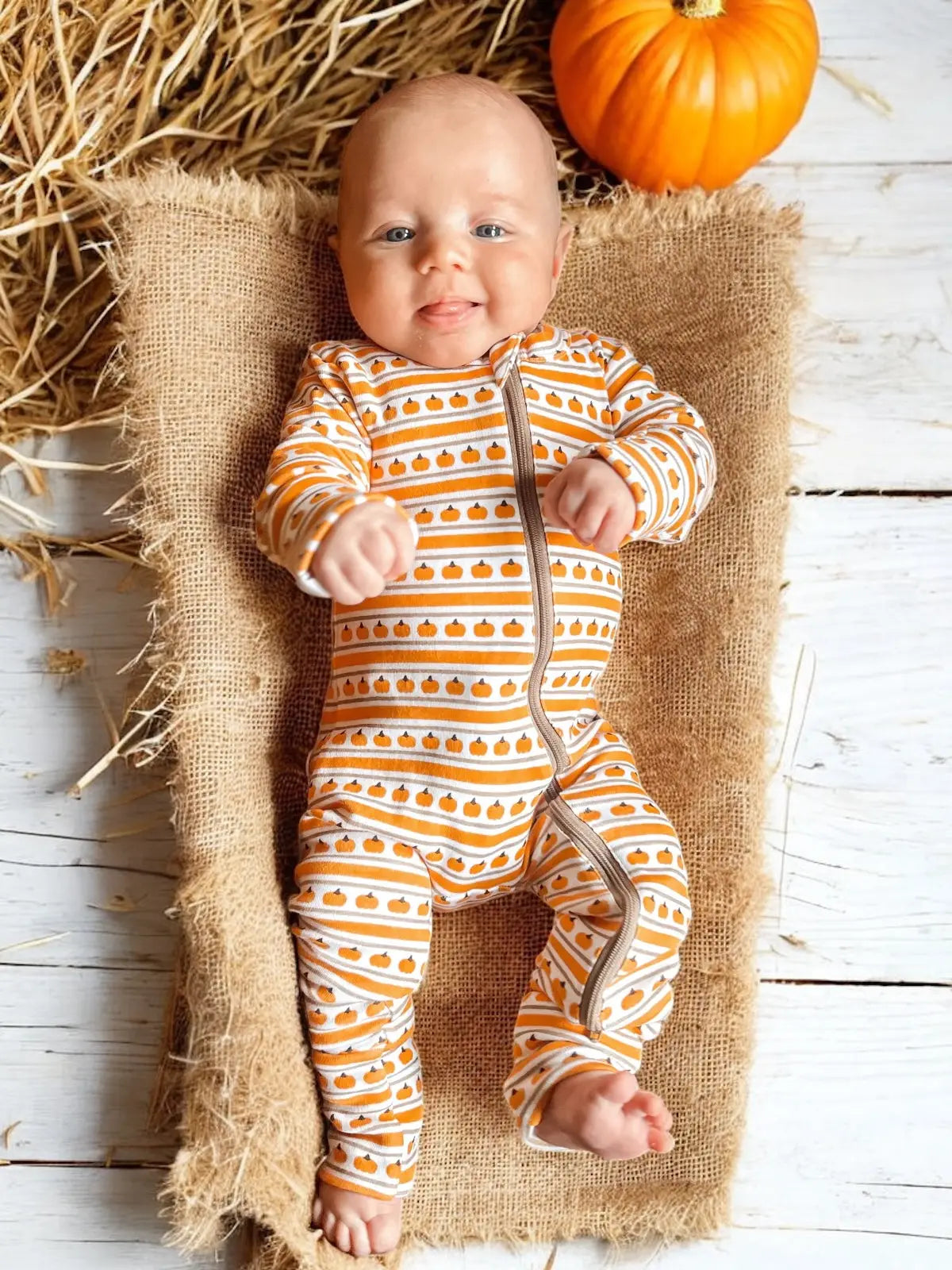 SIIX Collection - Pumpkin Stripe Organic 2 Way Zip Romper