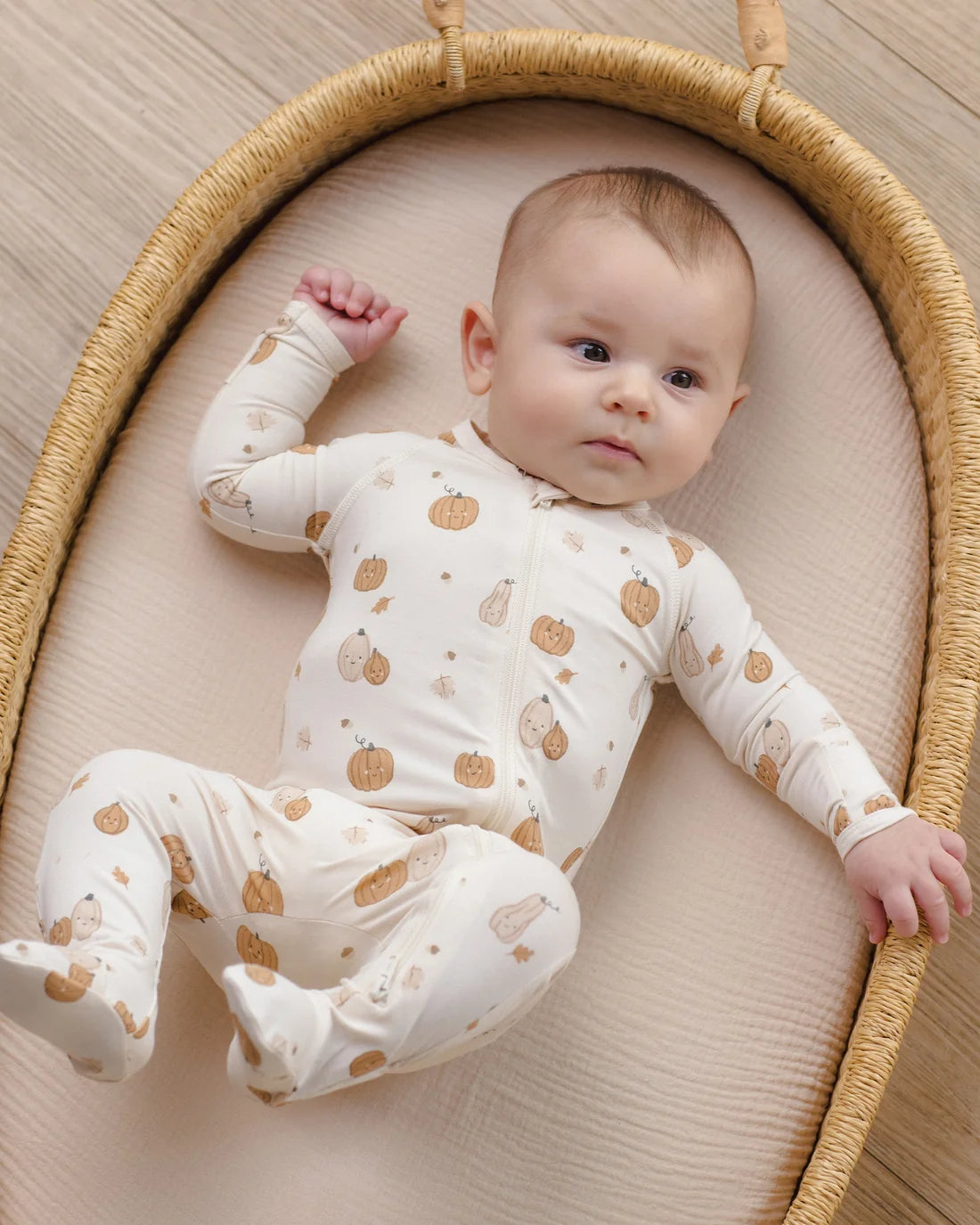Quincy Mae Harvest Friends Bamboo Zip Footie for babies, featuring a soft, striped design with a zipper closure and cozy bamboo fabric.
