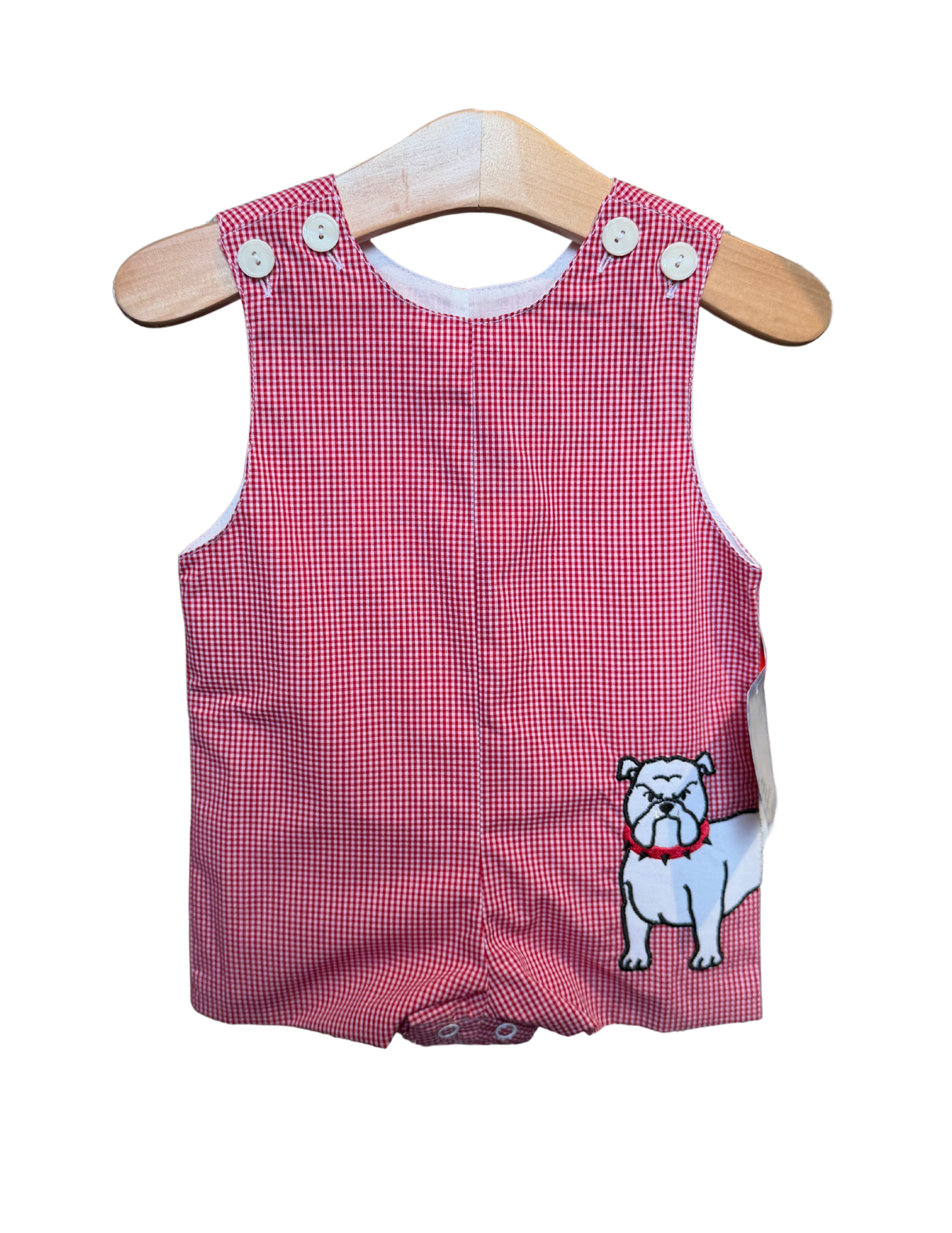 Red and white gingham bulldog shortall by Remember Nguyen, featuring a cute mini gingham pattern and comfortable fit.