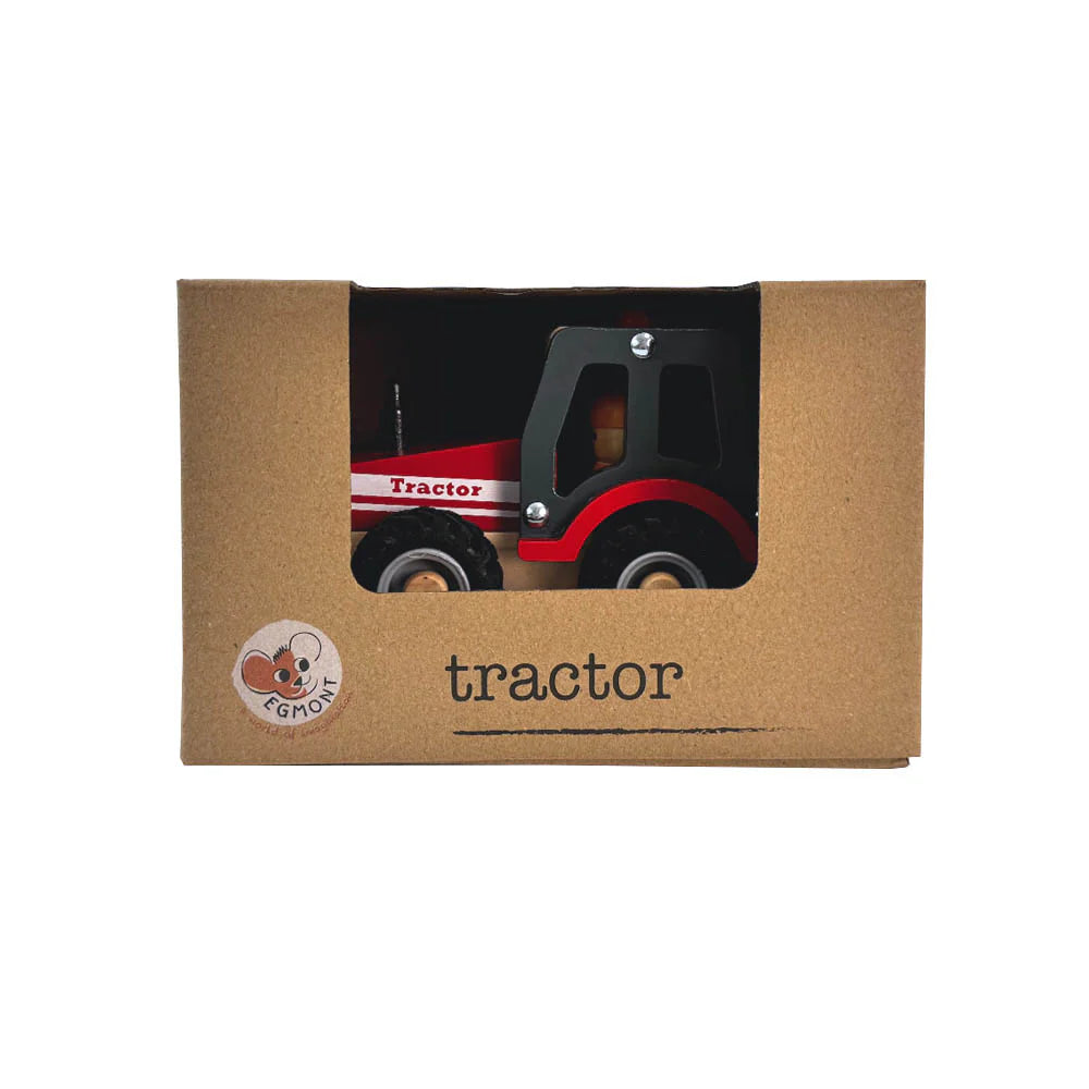 Egmont wooden tractor toy with detailed craftsmanship, featuring realistic wheels and a natural wood finish.