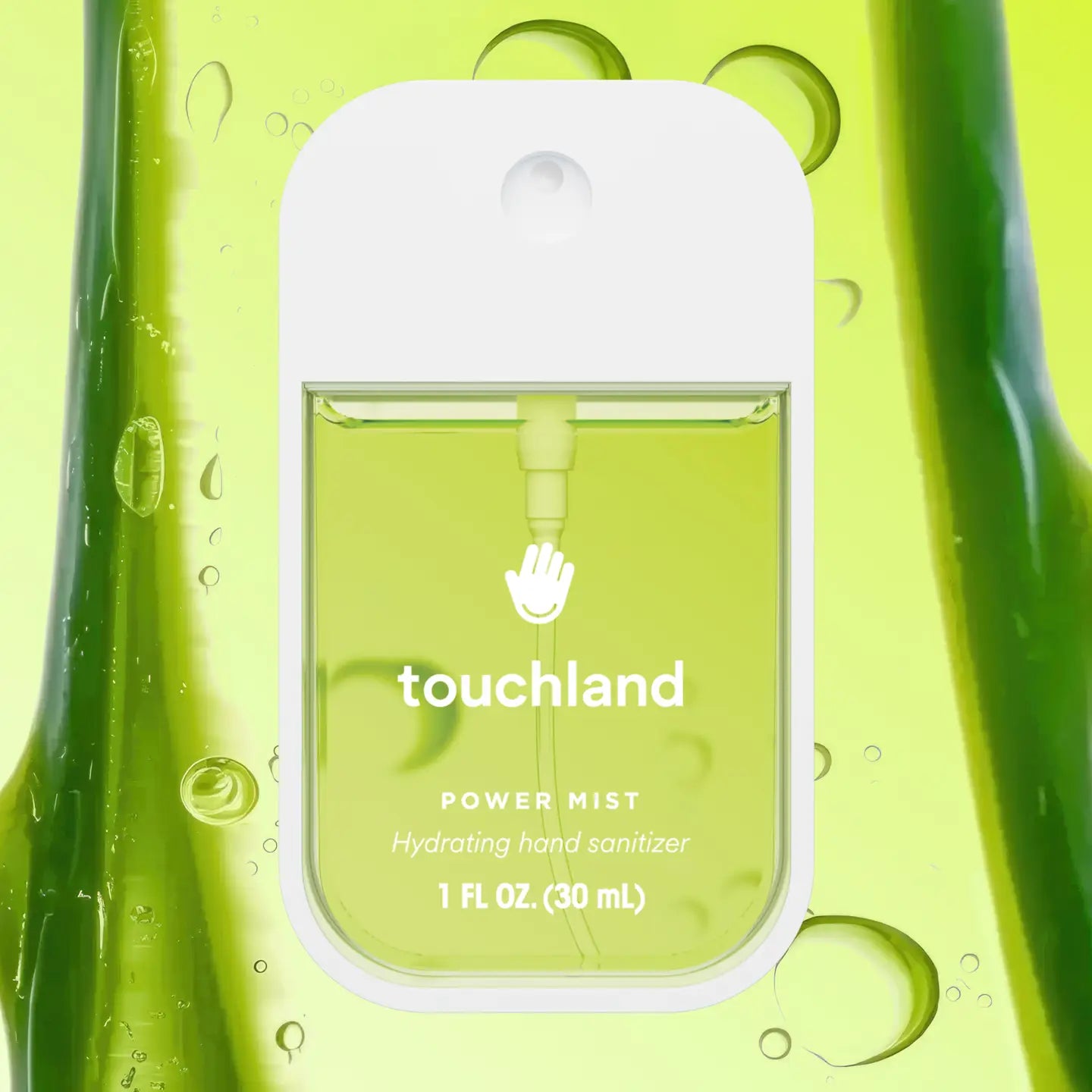Touchland Powermists hand sanitizer spray bottle with sleek design and clear label, portable and easy to use.