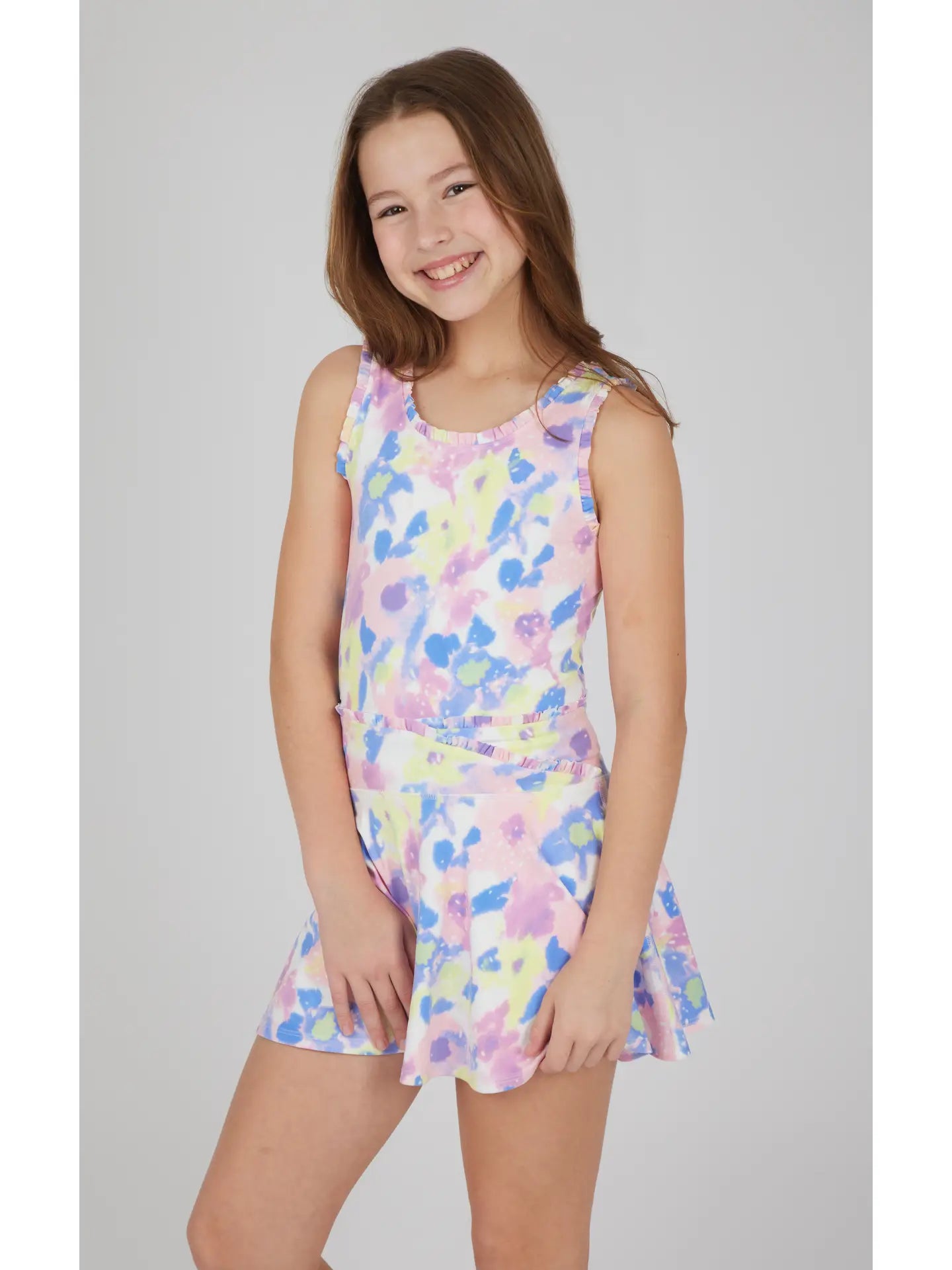 Watercolor Flower Girls Lettuce Edge Tank and Ruffle Crossover Skort - Set