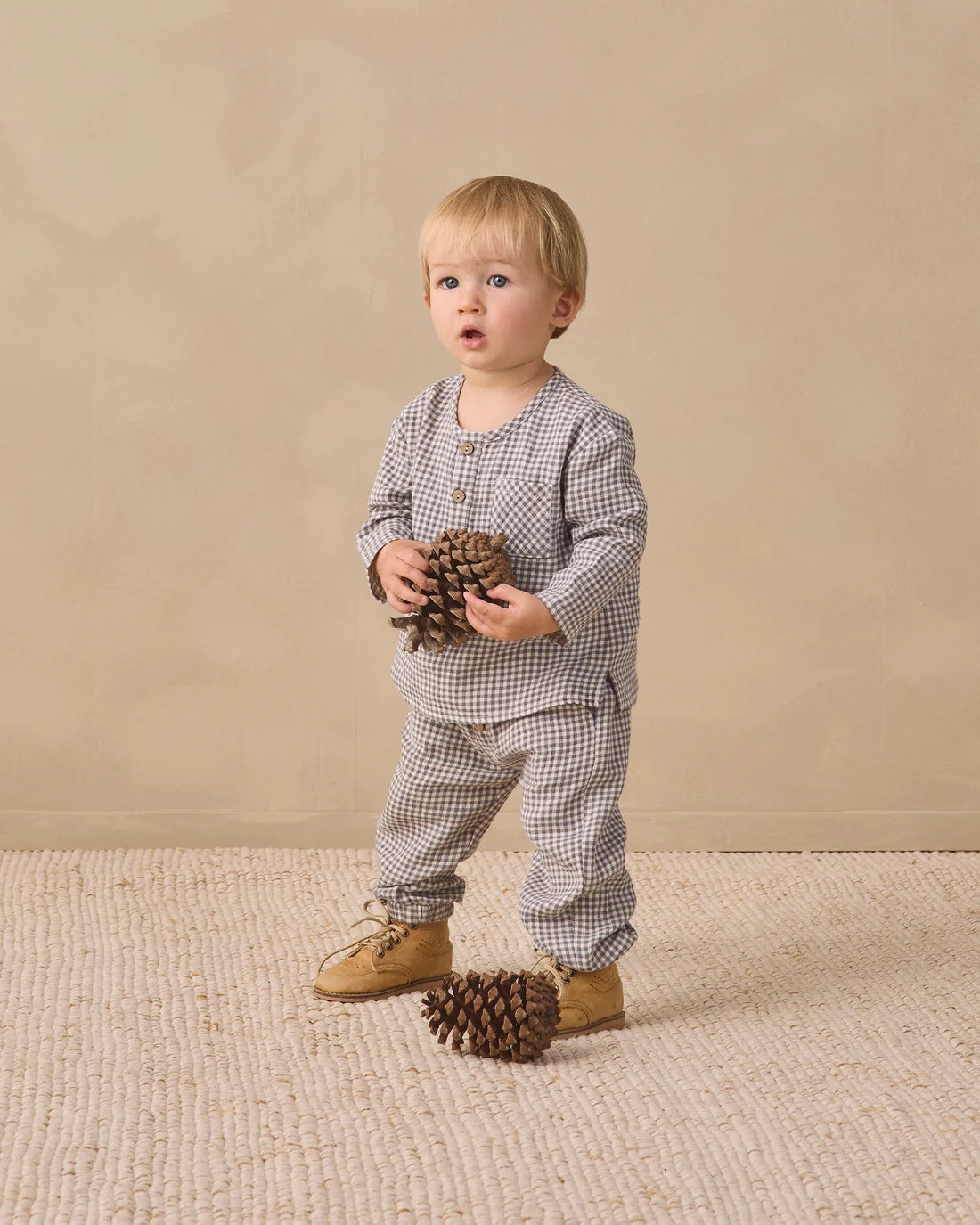 Quincy Mae Midnight Gingham Giovani Pant showing navy and white gingham fabric with a relaxed fit and elastic waistband