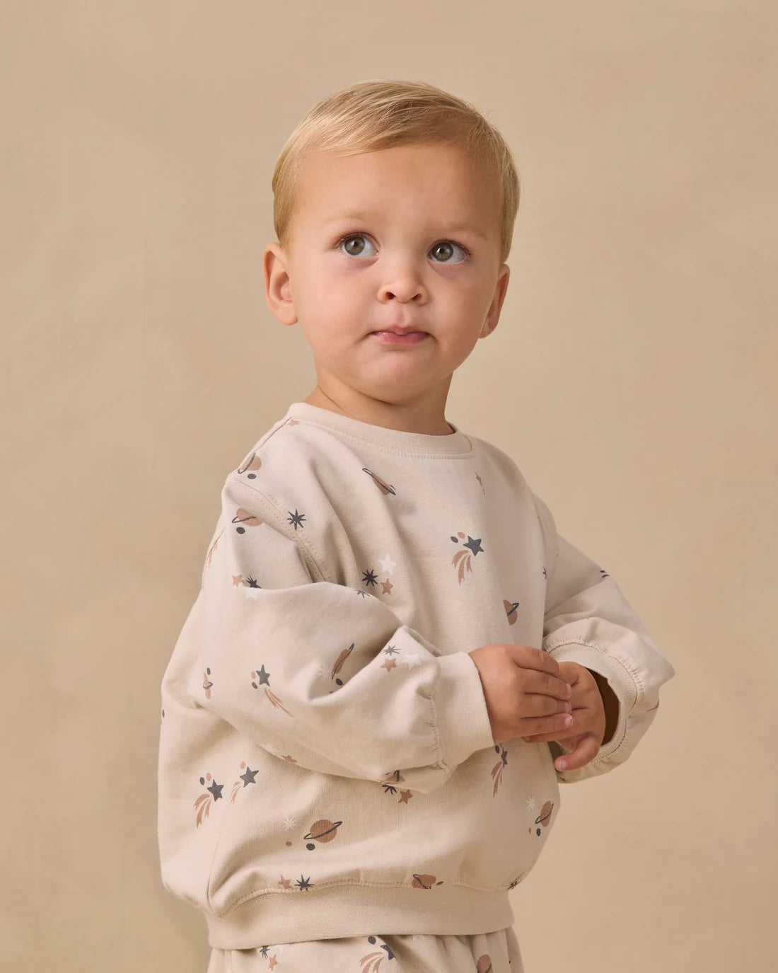 Quincy Mae space oversized crew sweatshirt in soft fabric, shown in a relaxed fit with space-themed design and cozy style.