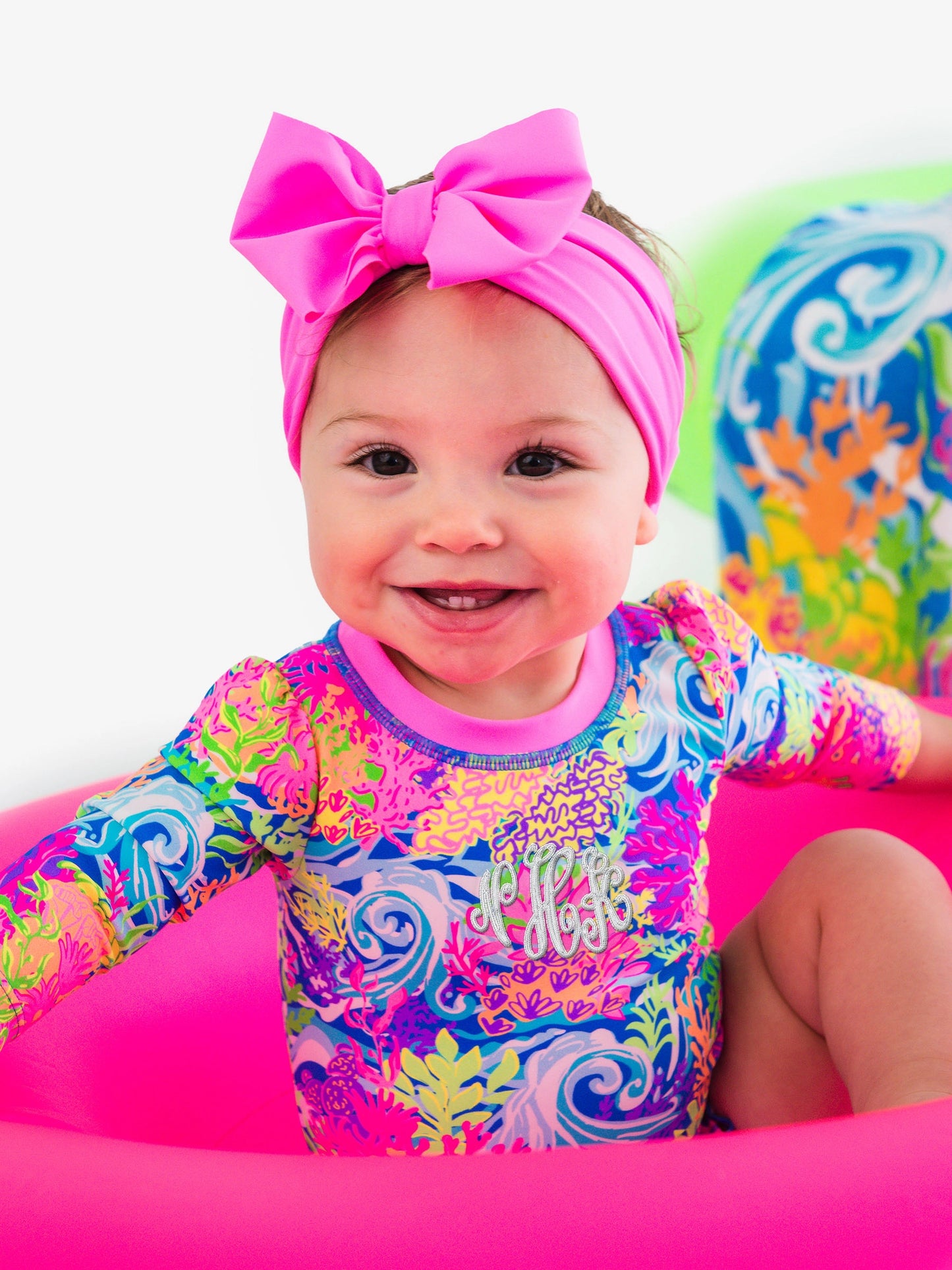 Neon Ocean Coral Long Sleeve One Piece Rash Guard Swimsuit