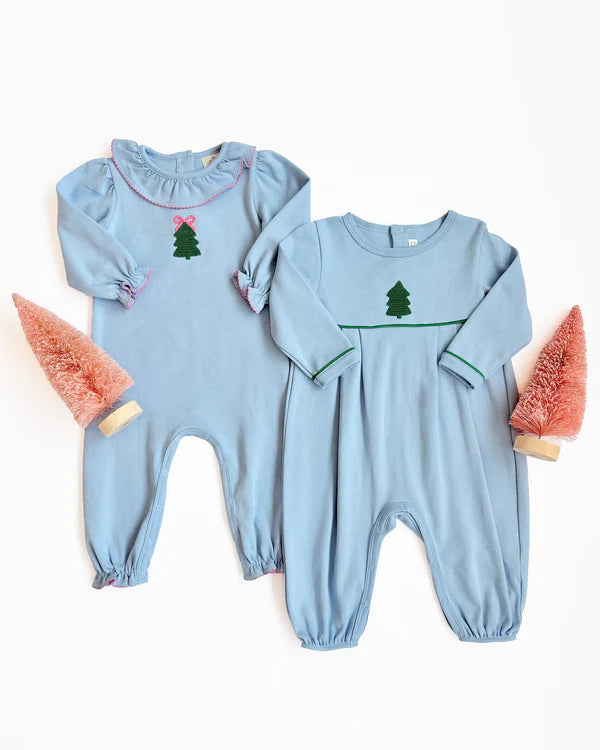 Barrington Blue Christmas Tree Long Sleeve Ramona Ruffle Romper