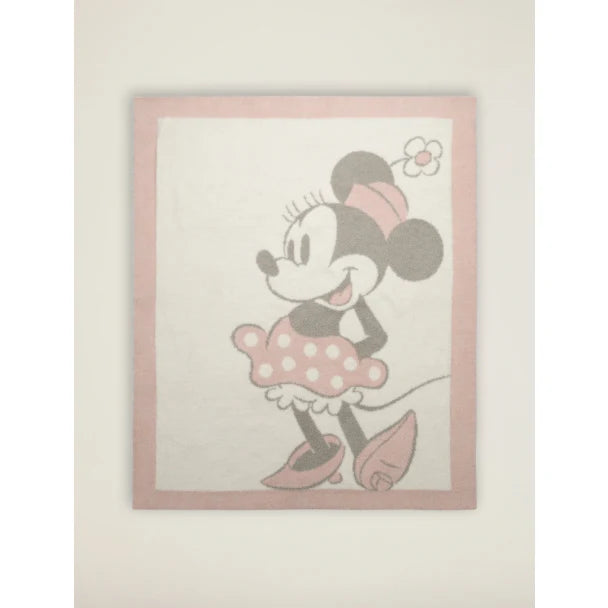 Soft Disney Minnie Mouse baby blanket by Barefoot Dreams featuring vintage-inspired Minnie Mouse design on plush fabric.