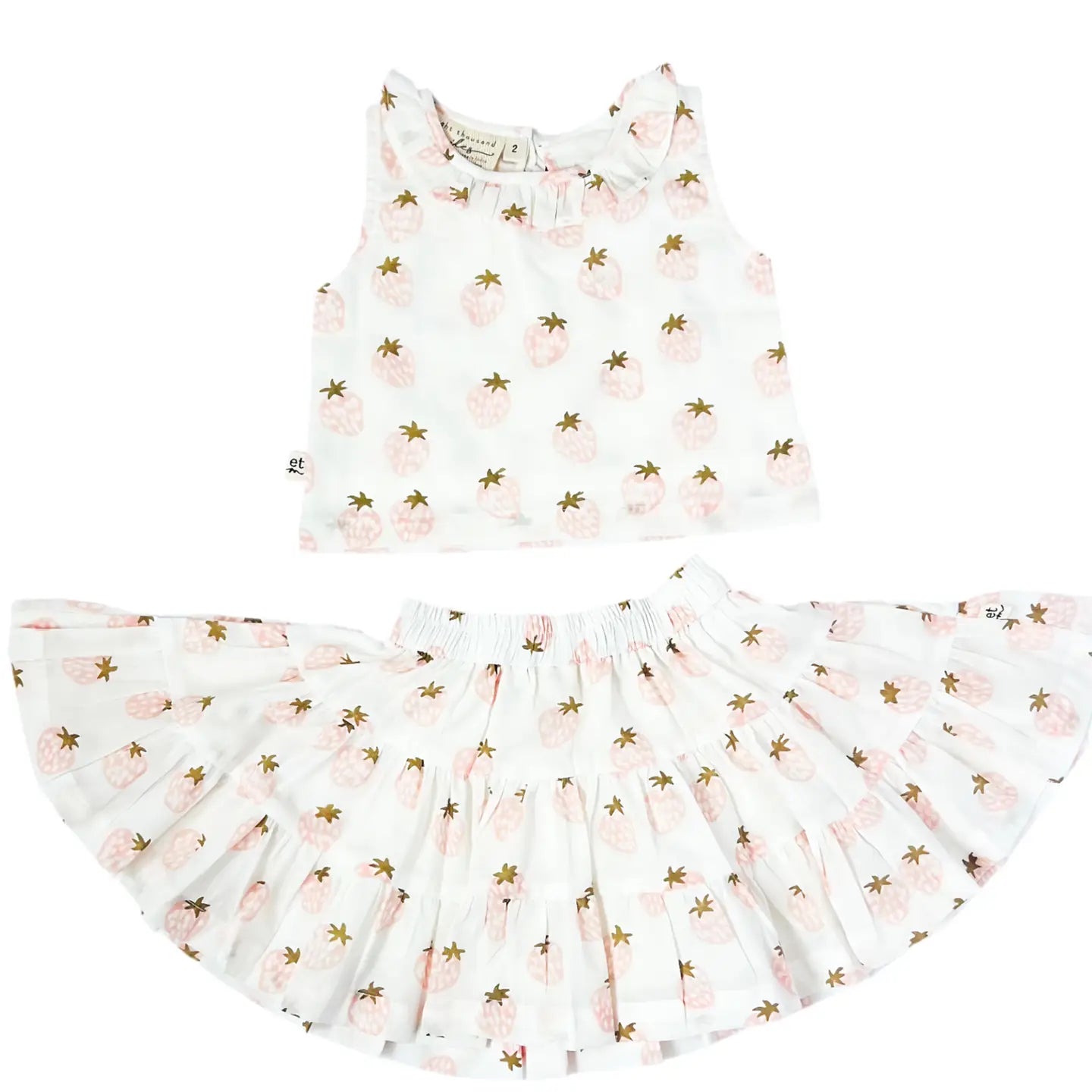 Eight Thousand Miles strawberry ruffle collared top and skirt set, featuring a feminine design with ruffles and floral details.
