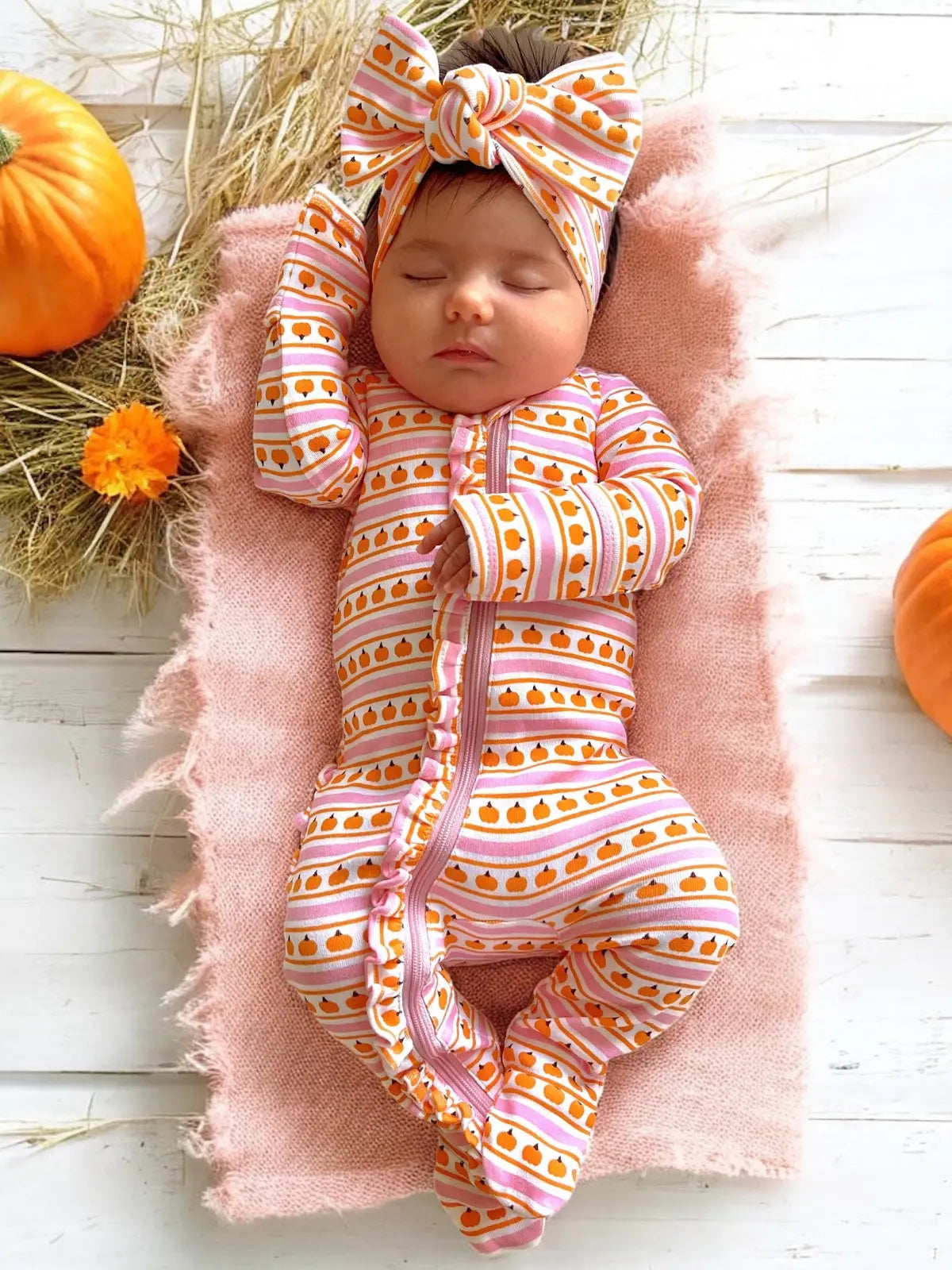 SIIX Collection - Pumpkin Stripe Pink Organic Frill Zip Footie
