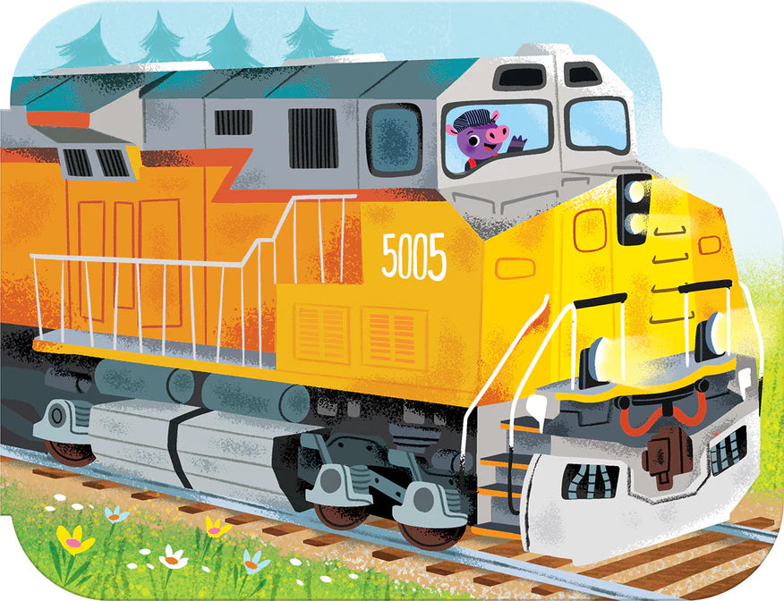 Illustration from "How Freight Trains Work" by Cottage Door Press showing colorful freight trains on tracks for children's educational book