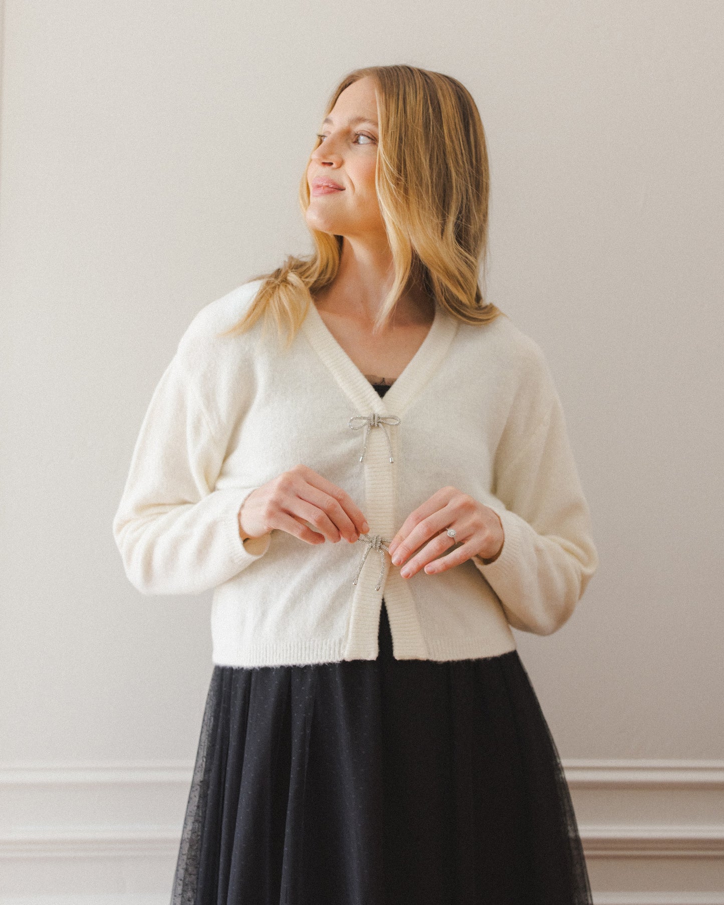 Women's Ivory Bow Cardigan