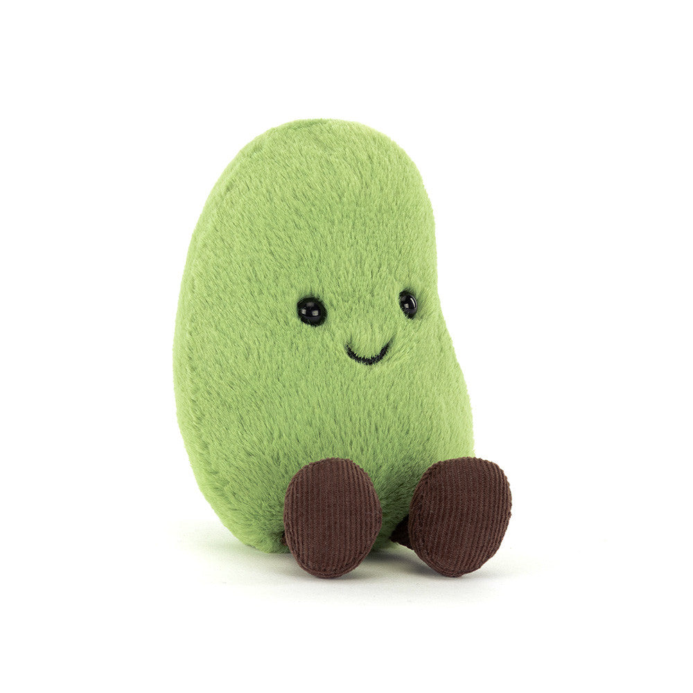 Soft Jellycat Amuseables Soyella Edamame Bean plush toy with green and beige fabric, featuring a cute smiling face and bean shape.