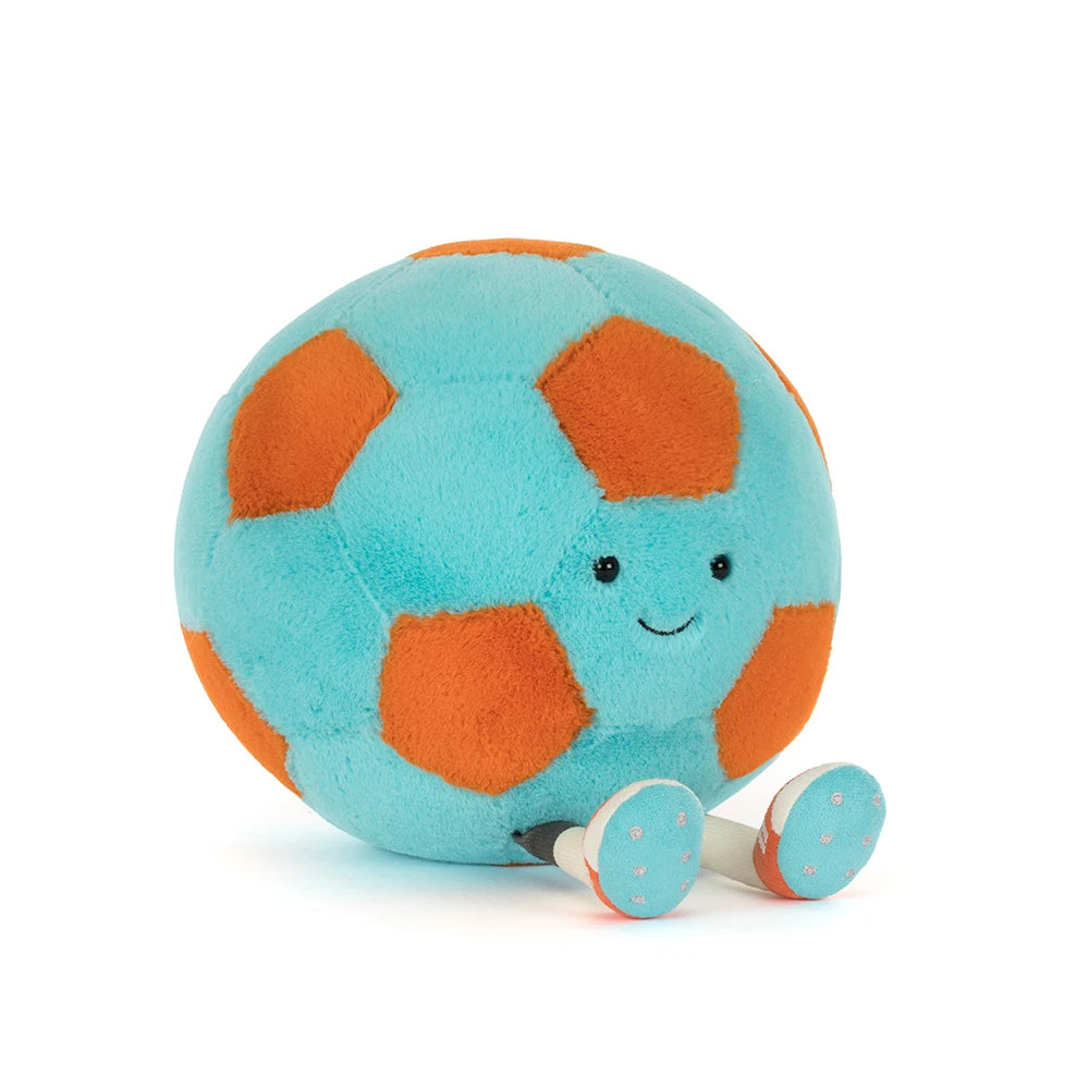 Soft plush Jellycat Amuseables Jellycat Soccer Ball toy with black and white pattern, cuddly and perfect for children.