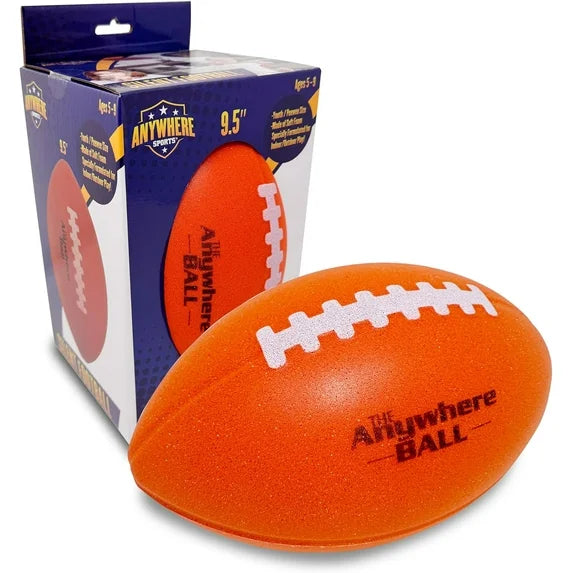 Yellow 9.5-inch foam silent football by Thin Air Brands, designed for kids, soft and lightweight for safe indoor play.