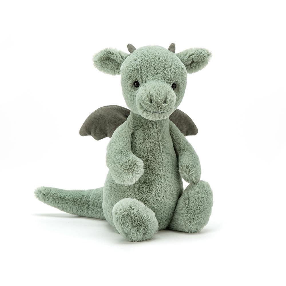 Jellycat Bashful Dragon plush toy with soft green and blue fabric, cuddly and adorable for children.