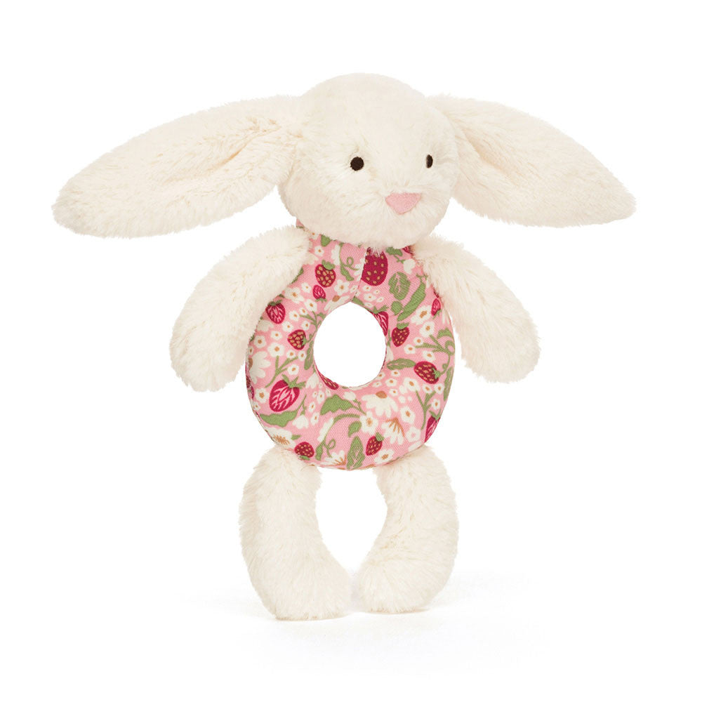 Jellycat Blossom Cream Bunny 'Berry' ring rattle with soft plush fabric and a cute bunny face for babies.