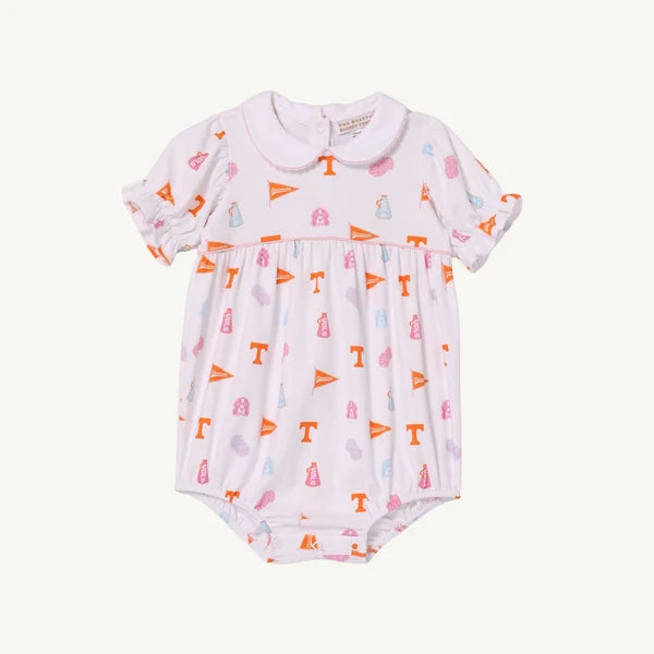 The Beaufort Bonnet Company Victory in Orange Brit Bubble baby bonnet with playful orange and white pattern, front view.