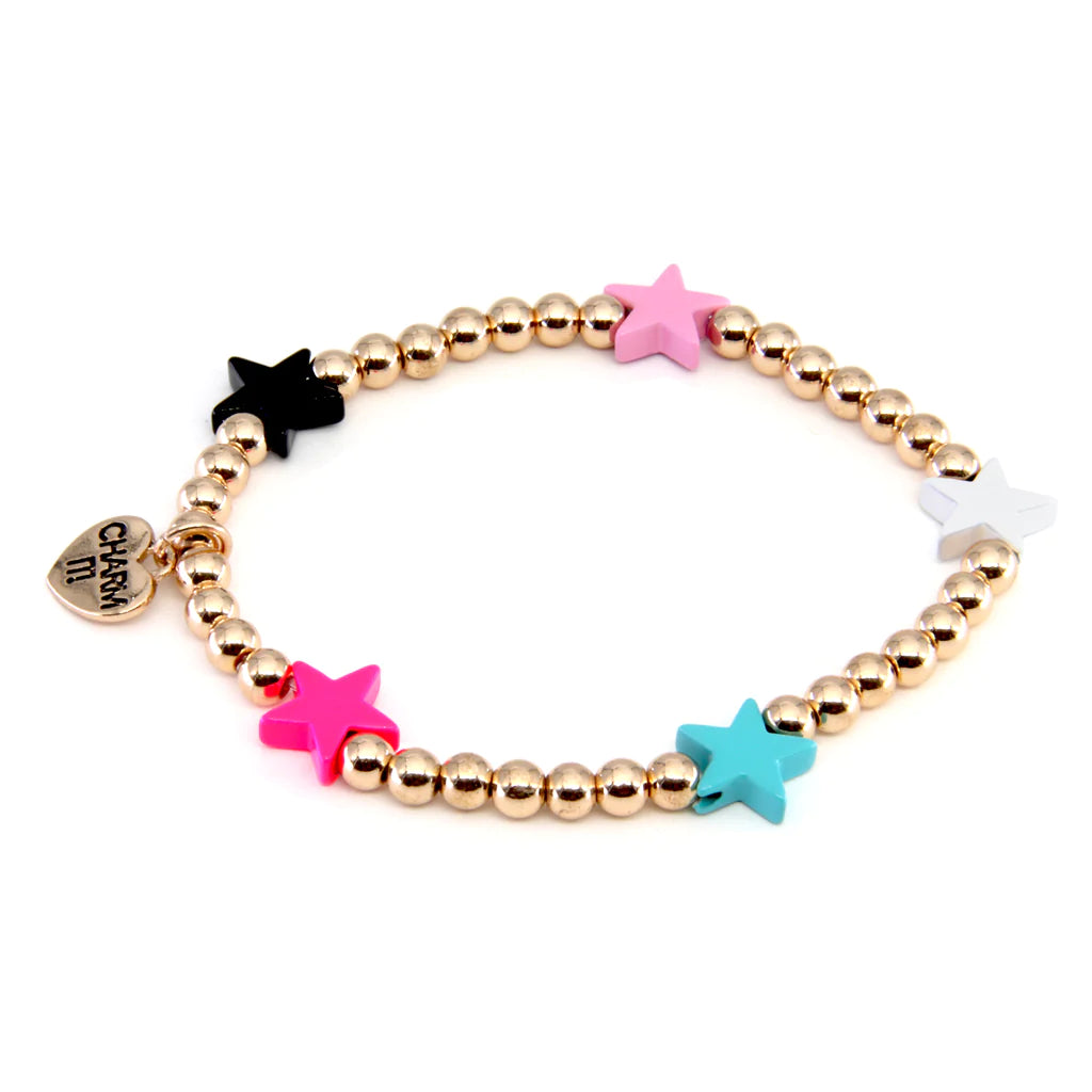 Charm It! gold bead multi-star stretch bracelet featuring colorful star charms on a stretchy band.