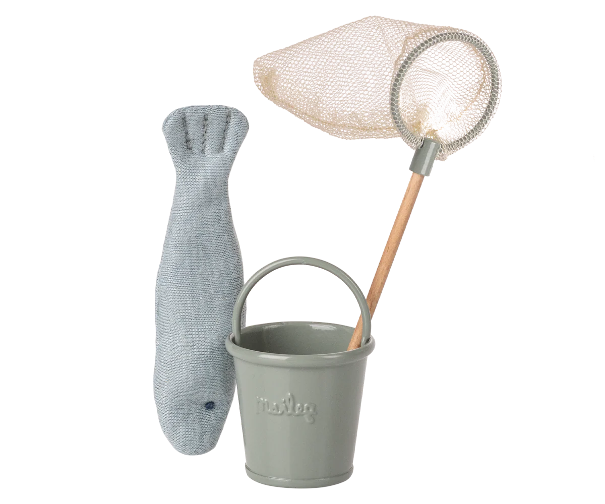 Maileg fishing set for children featuring a mouse figure and fishing accessories, ideal for imaginative play.
