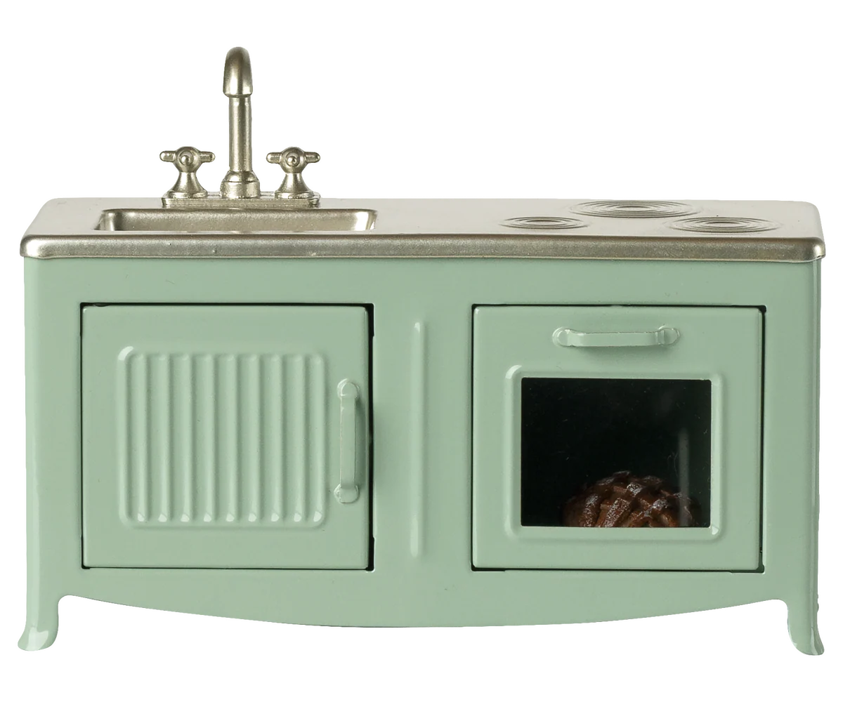 Maileg mint-colored mouse toy for kitchen decor, featuring soft fabric and detailed design suitable for children's play and room decor.