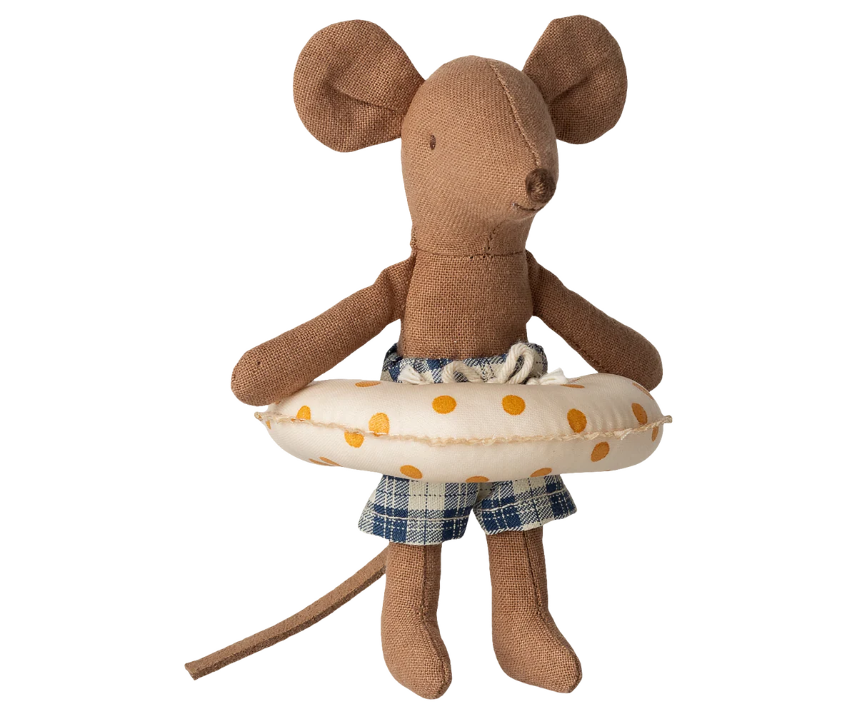 Maileg Little Brother beach mouse with yellow dotted float toy, featuring soft fabric and detailed stitching, perfect for seaside play.